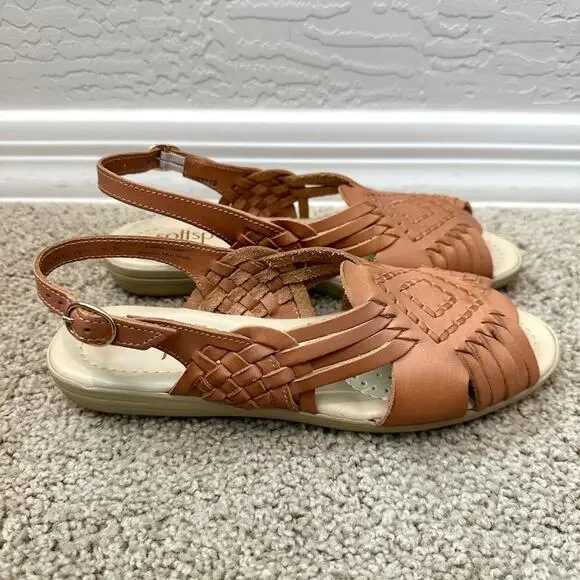 SOFTSPOTS | Leather Slingback Sandals Tan Woven Comfort Flats | Women’s 8N - Picture 2 of 8
